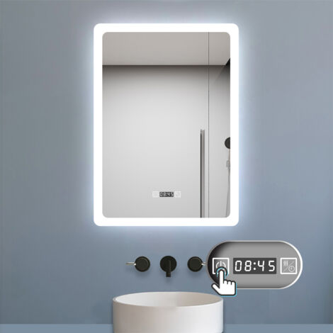 LED Badspiegel mit Uhr 3 Lichtfarbe Dimmbar Beschlagfrei Speicherfunktion Badezimmer Spiegel mit Beleuchtung CE IP44 50x70cm Vertikale Installation