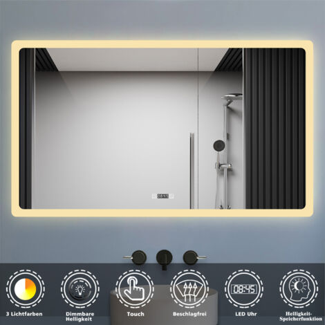 LED Badspiegel mit Uhr 3 Lichtfarbe Dimmbar Beschlagfrei Speicherfunktion Badezimmer Spiegel mit Beleuchtung CE IP44 120x70cm Horizontale Installation