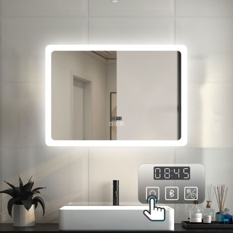 LED Badezimmer Spiegel mit Uhr Bluetooth Beschlagfrei Badspiegel mit Speicherfunktion Warm/Neutral/Kaltweiß Dimmbar CE IP44 70x50cm