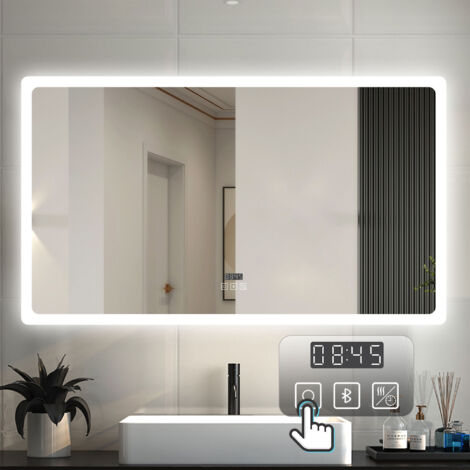 LED Badezimmer Spiegel mit Uhr Bluetooth Beschlagfrei Badspiegel mit Speicherfunktion Warm/Neutral/Kaltweiß Dimmbar CE IP44 120x70cm