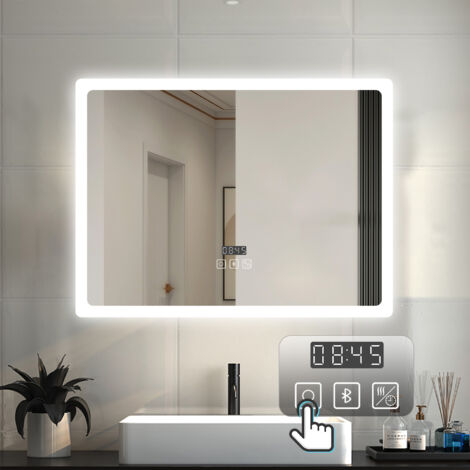 LED Badezimmer Spiegel mit Uhr Bluetooth Beschlagfrei Badspiegel mit Speicherfunktion Warm/Neutral/Kaltweiß Dimmbar CE IP44 80x60cm