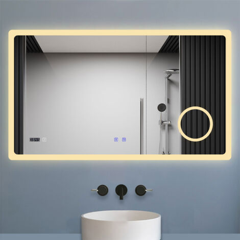 LED Badezimmer Spiegel mit Bluetooth Uhr 3-fache Vergrößerung Beschlagfrei Badspiegel mit Speicherfunktion Warm/Neutral/Kaltweiß Dimmbar CE IP44 160x80cm
