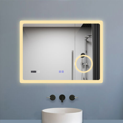 LED Badezimmer Spiegel mit Bluetooth Uhr 3-fache Vergrößerung Beschlagfrei Badspiegel mit Speicherfunktion Warm/Neutral/Kaltweiß Dimmbar CE IP44 80x60cm