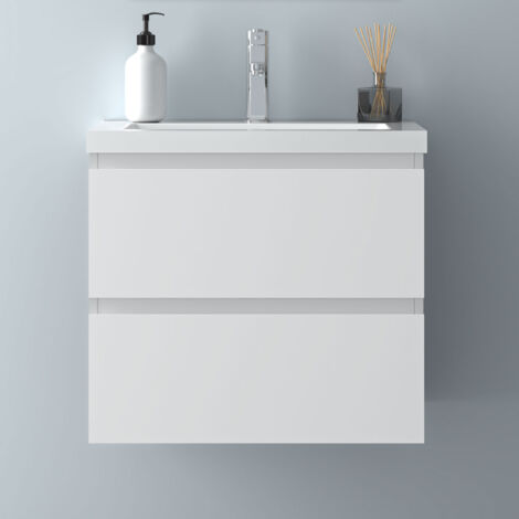60 cm Badmöbel Set Unterschrank 2 Schubladen Weiß Matt soft close Badezimmer Badezimmermöbel Selbstmontierter Unterschrank mit Weiß Mineralguss waschtisch (1/5)