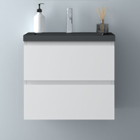 60 cm Badmöbel Set Unterschrank 2 Schubladen Weiß Matt soft close Badezimmer Badezimmermöbel Selbstmontierter Unterschrank mit Schwarz Mineralguss waschtisch