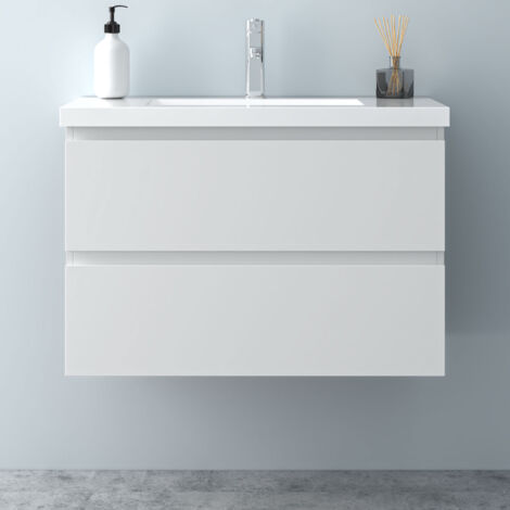 80 cm Badmöbel Set Unterschrank 2 Schubladen soft close Badezimmermöbel Selbstmontierter mit Weiß Mineralguss waschtisch Unterschrank mit Weiß Matt (1/5)