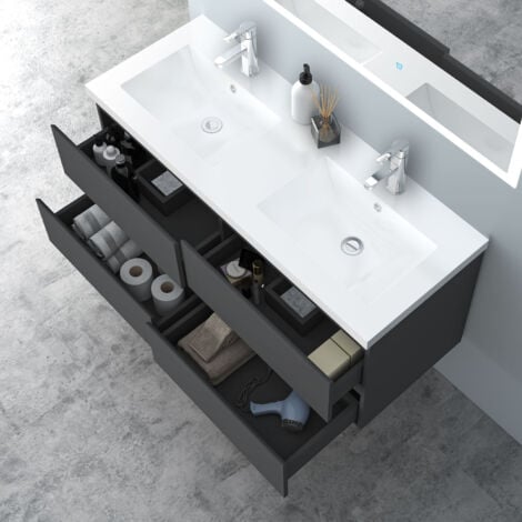 120 cm Badmöbel Set Unterschrank 4 Schubladen soft close Badezimmermöbel Selbstmontierter mit Weiß Mineralguss waschtisch Unterschrank mit Anthrazit Matt