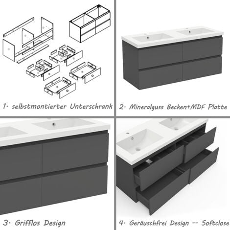 120 cm Badmöbel Set Unterschrank 4 Schubladen soft close Badezimmermöbel Selbstmontierter mit Weiß Mineralguss waschtisch Unterschrank mit Anthrazit Matt
