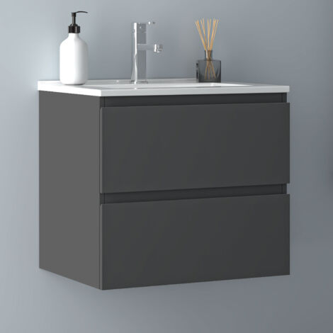 60 cm Badmöbel Set Unterschrank 2 Schubladen Anthrazit Matt soft close Badezimmer Badezimmermöbel Selbstmontierter Unterschrank mit keramik dünn waschtisch