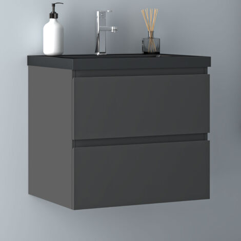 60 cm Badmöbel Set Unterschrank 2 Schubladen Anthrazit Matt soft close Badezimmer Badezimmermöbel Selbstmontierter Unterschrank mit Schwarz Mineralguss waschtisch