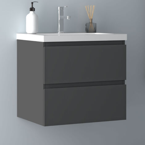 60 cm Badmöbel Set Unterschrank 2 Schubladen Anthrazit Matt soft close Badezimmer Badezimmermöbel Selbstmontierter Unterschrank mit keramik dick waschtisch