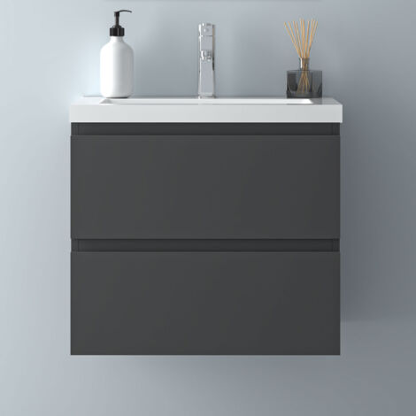60 cm Badmöbel Set Unterschrank 2 Schubladen Anthrazit Matt soft close Badezimmer Badezimmermöbel Selbstmontierter Unterschrank mit Weiß Mineralguss waschtisch