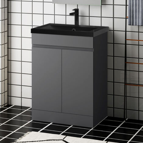 60 cm Badmöbel Set Unterschrank soft close Standschrank Selbstmontierter mit Schwarz Mineralguss waschtisch Unterschrank mit Anthrazit (1/5)