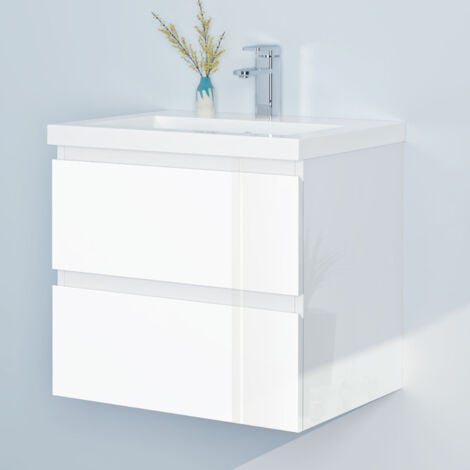 50cm Badmöbel Set Waschtisch mit Unterschrank Gäste WC Hochglanz Weiß Waschbecken Mineralguss