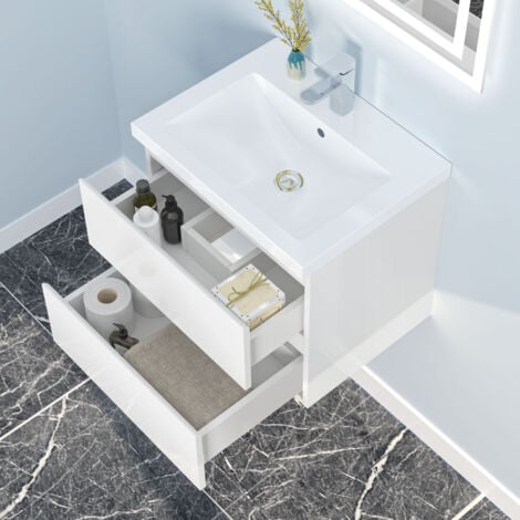 50cm Badmöbel Set Waschtisch mit Unterschrank Gäste WC Hochglanz Weiß Waschbecken Mineralguss