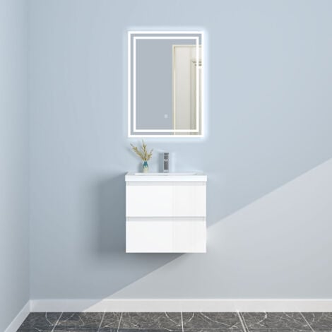 50cm Badmöbel Set Waschtisch mit Unterschrank Gäste WC Hochglanz Weiß Waschbecken Mineralguss