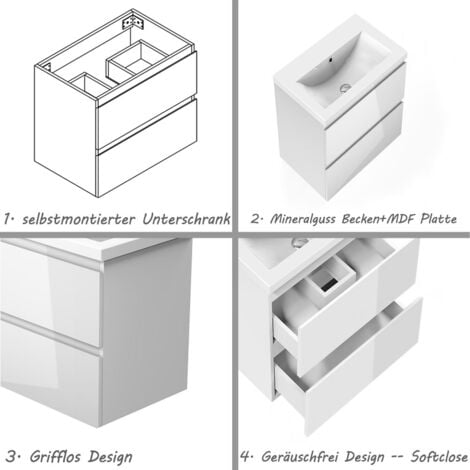 50cm Badmöbel Set Waschtisch mit Unterschrank Gäste WC Hochglanz Weiß Waschbecken Mineralguss