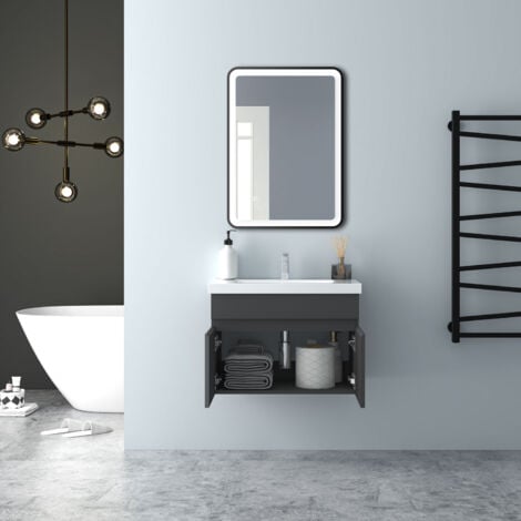 60 cm Waschtisch mit Unterschrank Badmöbel Set mit Waschbecken Mineralguss Gäste WC Anthrazit Matt