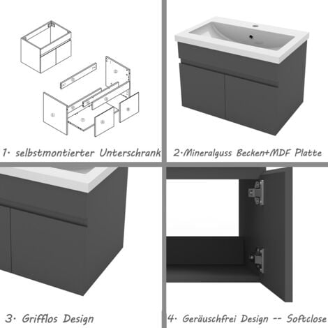 60 cm Waschtisch mit Unterschrank Badmöbel Set mit Waschbecken Mineralguss Gäste WC Anthrazit Matt