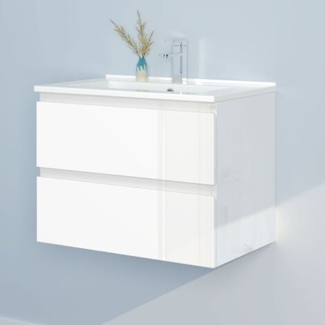 60cm Badmöbel Set Waschtisch mit Unterschrank Gäste WC Hochglanz Weiß Waschbecken Keramik dünn