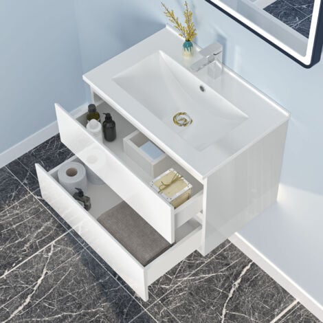 60cm Badmöbel Set Waschtisch mit Unterschrank Gäste WC Hochglanz Weiß Waschbecken Keramik dünn