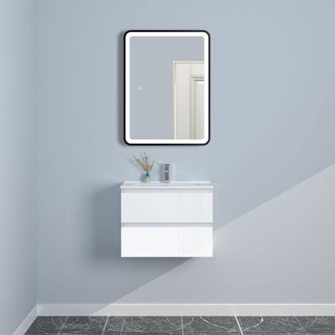 60cm Badmöbel Set Waschtisch mit Unterschrank Gäste WC Hochglanz Weiß Waschbecken Keramik dünn