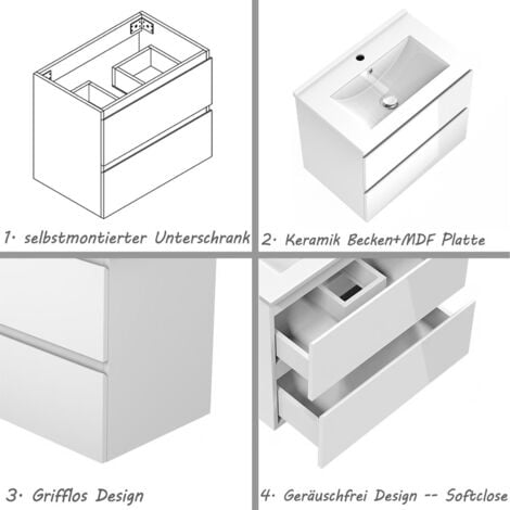 60cm Badmöbel Set Waschtisch mit Unterschrank Gäste WC Hochglanz Weiß Waschbecken Keramik dünn