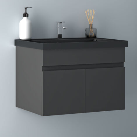60 cm Waschtisch mit Unterschrank Badmöbel Set mit Waschbecken Schwarz Mineralguss Gäste WC Anthrazit Matt