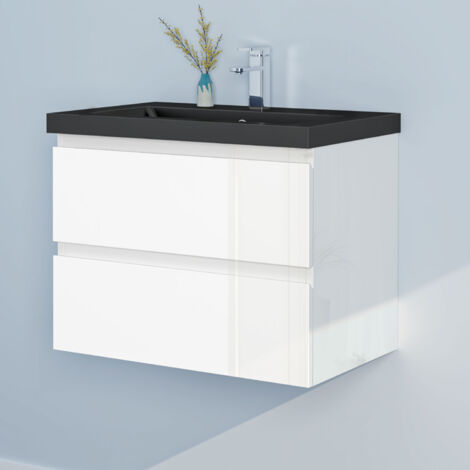 60cm Badmöbel Set Waschtisch mit Unterschrank Gäste WC Hochglanz Weiß Waschbecken Mineralguss Schwarz