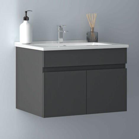 60 cm Waschtisch mit Unterschrank Badmöbel Set mit Waschbecken Keramik dünn Gäste WC Anthrazit Matt