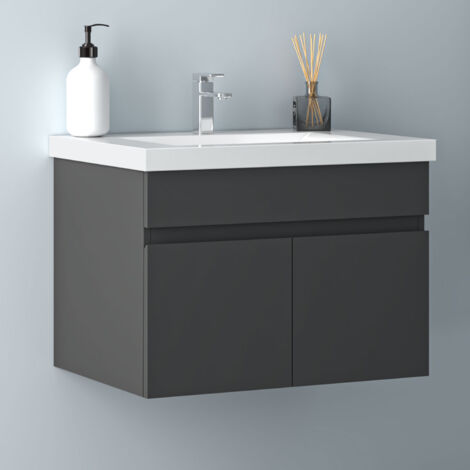 60 cm Waschtisch mit Unterschrank Badmöbel Set mit Waschbecken Keramik dick Gäste WC Anthrazit Matt