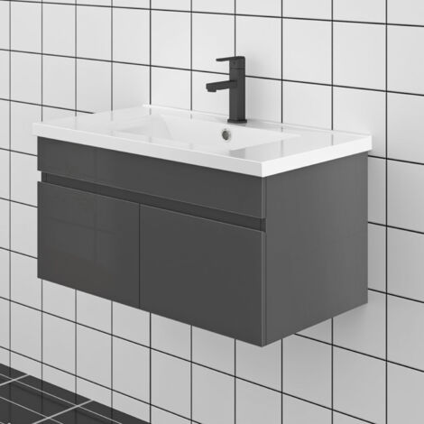 80cm Badmöbel Set Badezimmer Waschtisch mit Unterschrank Gäste WC Anthrazit Hochglanz (1/5)