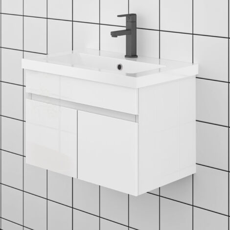 60 cm Waschtisch mit Unterschrank Badmöbel Set mit Waschbecken Keramik dick Gäste WC Hochglänzend Weiß (1/5)