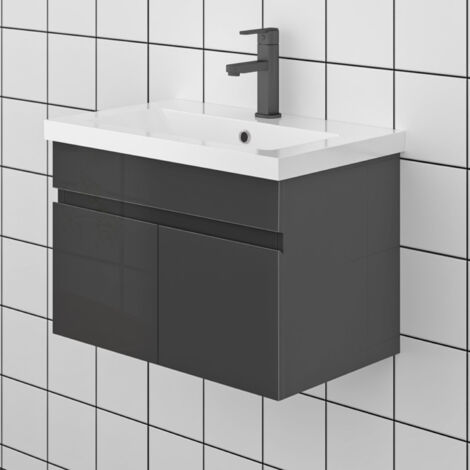 60 cm Waschtisch mit Unterschrank Soft-Close Badmöbel Set mit Waschbecken Keramik dick Gäste WC Hochglänzend Anthrazit