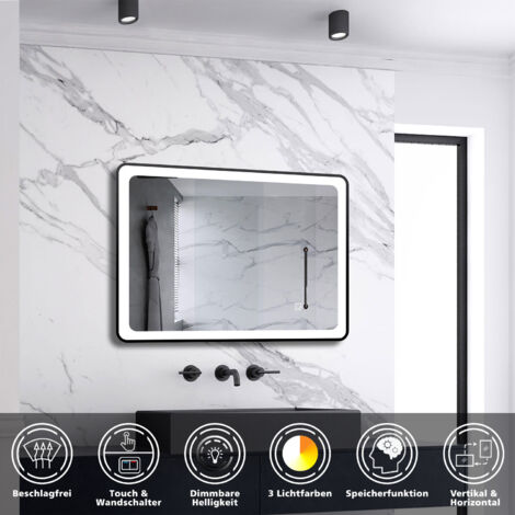 LED Spiegel Schwarzer Rahmen Badspiegel mit Warm/Neutral/Kaltweiß Dimmbar Speicherfunktion Touch/Wandschalter Beschlagfrei Wandspiegel Design mit abgerundeten Ecken 70X50cm