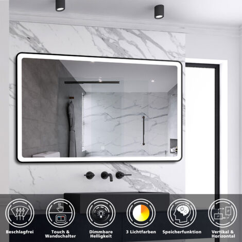 LED Spiegel Schwarzer Rahmen Badspiegel mit Warm/Neutral/Kaltweiß Dimmbar Speicherfunktion Touch/Wandschalter Beschlagfrei Wandspiegel Design mit abgerundeten Ecken 100X60cm