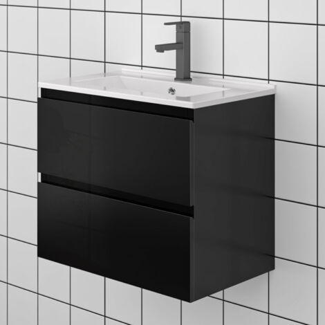 60 cm Badezimmermöbel Set Unterschrank soft close 2 Schubladen Schwarz Hochglanz Selbstmontierter Unterschrank dünn keramik waschtisch