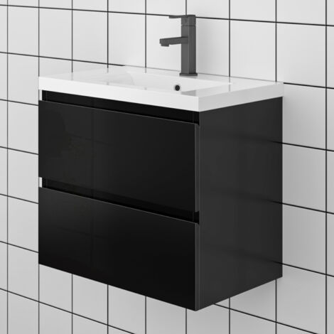 60 cm Badezimmermöbel Set Unterschrank soft close 2 Schubladen Schwarz Hochglanz Selbstmontierter Unterschrank Mineralguss waschtisch