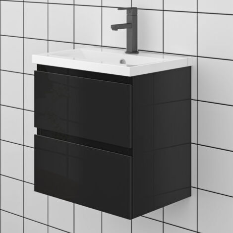 50 cm Badezimmermöbel Set Unterschrank 2 Schubladen Schwarz Hochglanz soft close Selbstmontierter Unterschrank keramik waschtisch (1/5)