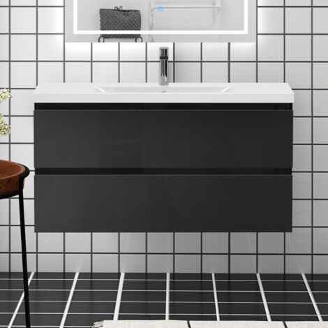 100cm Waschtisch mit Unterschrank Badezimmer keramik-Waschbecken mit Unterschrank Schwarz Hochglanz (1/5)