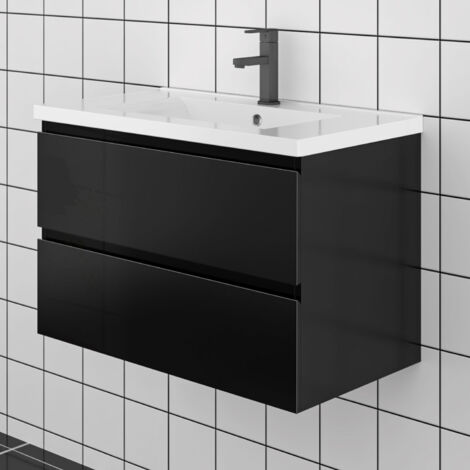 80cm Badezimmer Waschtisch mit Unterschrank keramik-Waschbecken mit Unterschrank Schwarz Hochglanz (1/5)