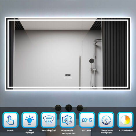 LED Badspiegel 140x80cm mit Uhr Bluetooth 3 Lichtfarbe Dimmbar Beschlagfrei Speicherfunktion Badezimmer Spiegel CE IP44