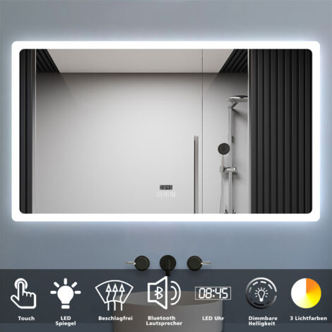 LED Spiegel 140x80cm mit Uhr Bluetooth Warmweiß Neutralweiß Kaltweiß Dimmbar Beschlagfrei Badspiegel mit Speicherfunktion CE IP44