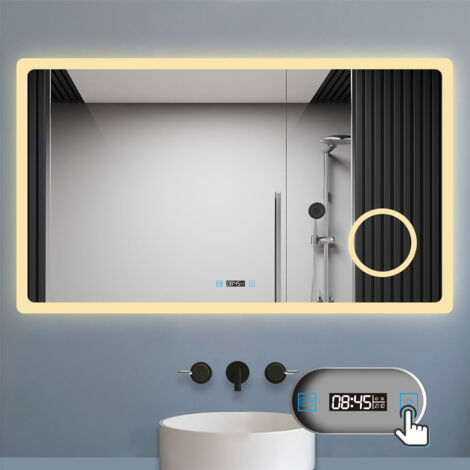 LED Badspiegel 140x80cm mit Touch Antibeschlage 3-Fach Lupe Uhr 3 Farbe Dimmbar 2700-6500k IP44 (1/5)