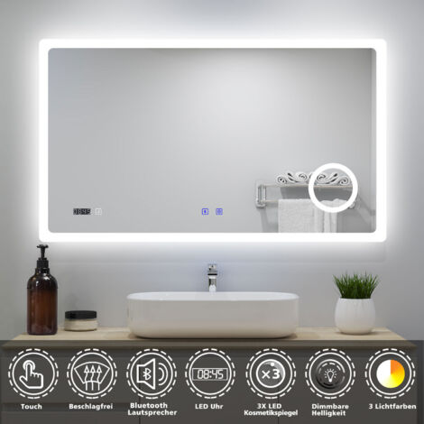 LED Badspiegel 160x80cm mit 3 Lichtfarbe Dimmbar Bluetooth Uhr 3-fache Vergrößerung Beschlagfrei CE IP44
