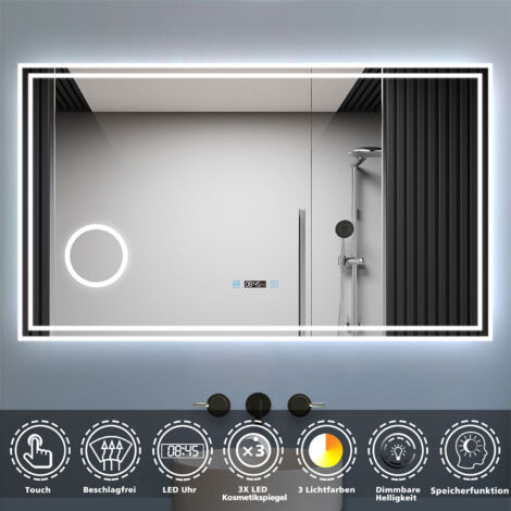 LED Badspiegel 120x70cm mit Uhr 3 Lichtfarbe 3x Vergrößerungsspiegel Beschlagfrei Speicherfunktion Touchschalter Horizontal