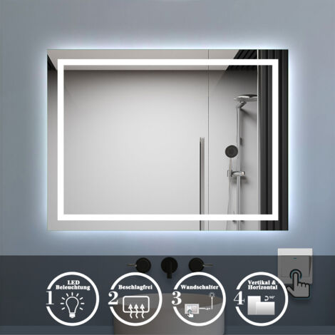Badezimmer Spiegel 70x50cm Kaltweiß mit Beschlagfrei Wandspiegel mit Wandschalter Horizontal und Vertikal