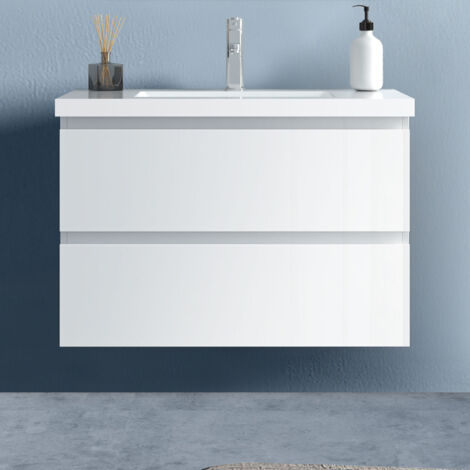 Badezimmer 80cm Waschtisch mit Unterschrank Badmöbel Set mit keramik-Waschbecken Unterschrank Weiß Hochglanz