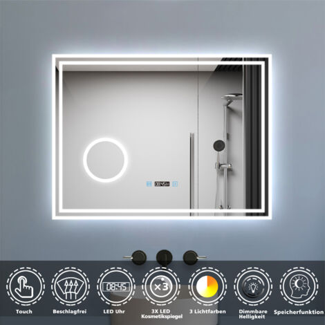 LED Badspiegel 100x60cm mit Uhr 3 Lichtfarbe 3x Vergrößerungsspiegel Beschlagfrei Speicherfunktion Touchschalter Horizontal