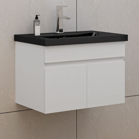 60cm Badmöbel Set mit Waschbecken Schwarz Mineralguss Waschtisch mit Unterschrank Gäste WC Weiß Matt